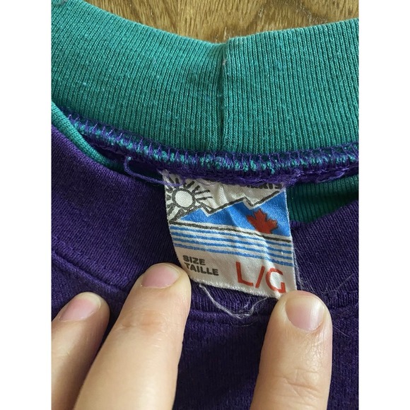 Vintage Banff Canada Vacation Sweater Purple Aqua Green Collar Embroidered Sz L - Picture 6 of 15